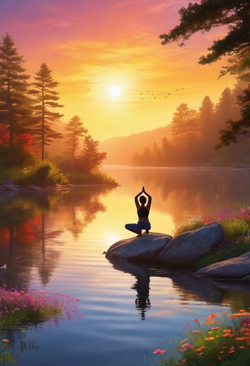 A serene landscape featuring a radiant sunrise over a tranquil lake, with a silhouette of a person practicing yoga on a rocky shore. The scene embodies feelings of peace and happiness, surrounded by vibrant wildflowers and lush greenery. Gentle ripples in the water reflect the warm colors of the sky, symbolizing fulfillment. Add joyful motifs like butterflies and birds in flight, creating an uplifting atmosphere. vibrant colors. super-realistic.