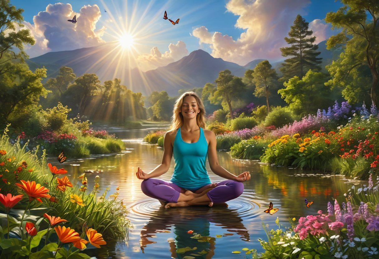 A radiant sun breaking through a soft cloud cover, illuminating a lush green landscape filled with colorful flowers and joyful people laughing and embracing. In the foreground, a serene figure practicing yoga with a peaceful smile, surrounded by butterflies and gentle ripples of a clear stream. The overall ambiance should exude warmth, happiness, and positivity. vibrant colors. super-realistic.