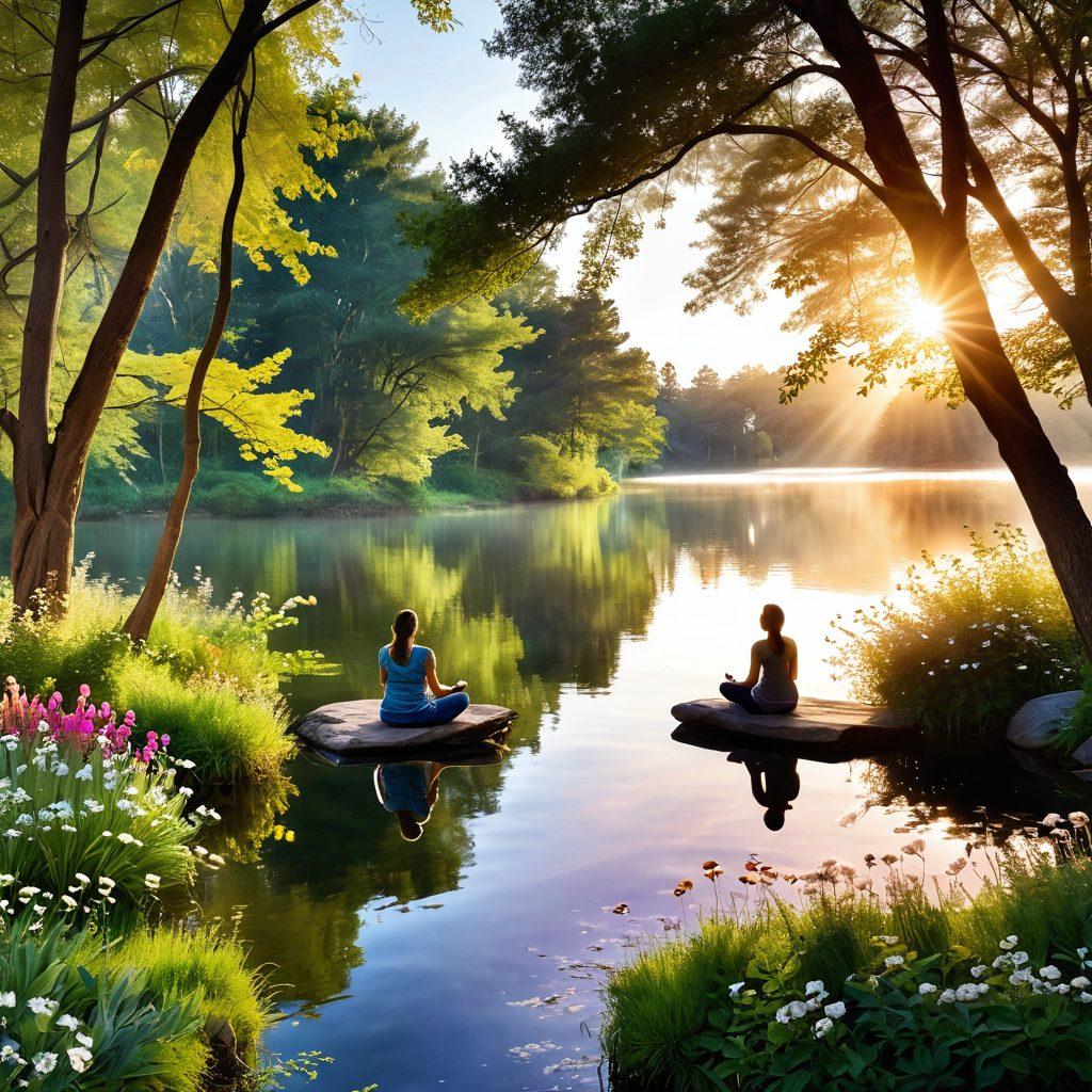 A serene landscape featuring a sunrise over a tranquil lake, with lush greenery and blossoming flowers symbolizing growth and positivity. In the foreground, a diverse group of people, each expressing joy and gratitude, as they engage in activities like meditation and sharing kindness. Soft rays of sunlight filtering through the trees, creating a warm and inviting atmosphere. Dreamy and ethereal style. vibrant colors. peaceful ambiance.